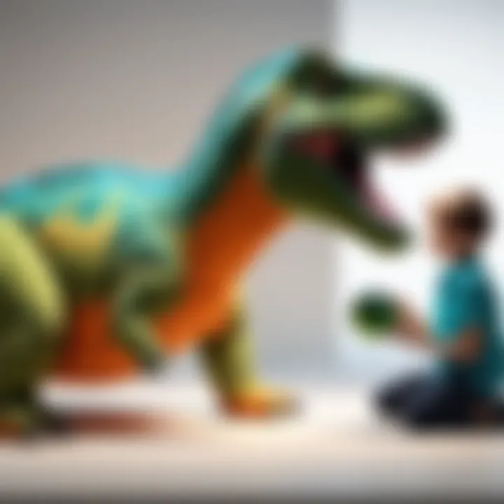 A child interacting with a weighted stuffed dinosaur, demonstrating its therapeutic use.