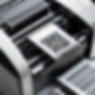 Close-up of a barcode card printer showcasing its intricate components