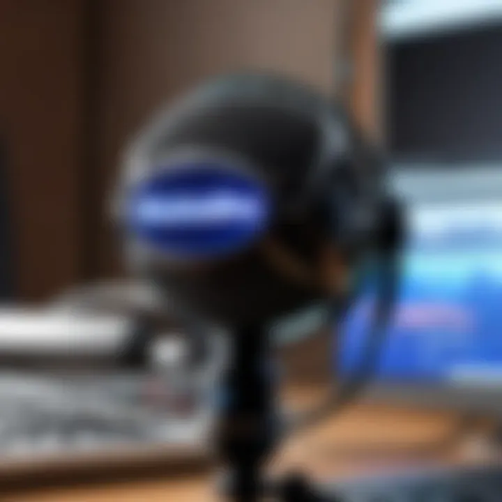 Blue Snowball microphone in use during a podcast recording session