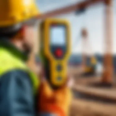 A handheld laser measure in use at a construction site