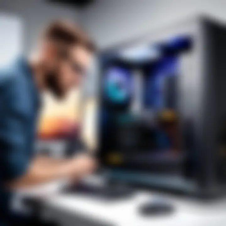 A professional builder assembling a custom PC setup