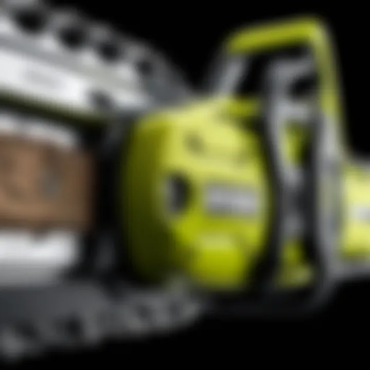 Detailed close-up of a Ryobi cordless chainsaw chain showcasing its unique design elements