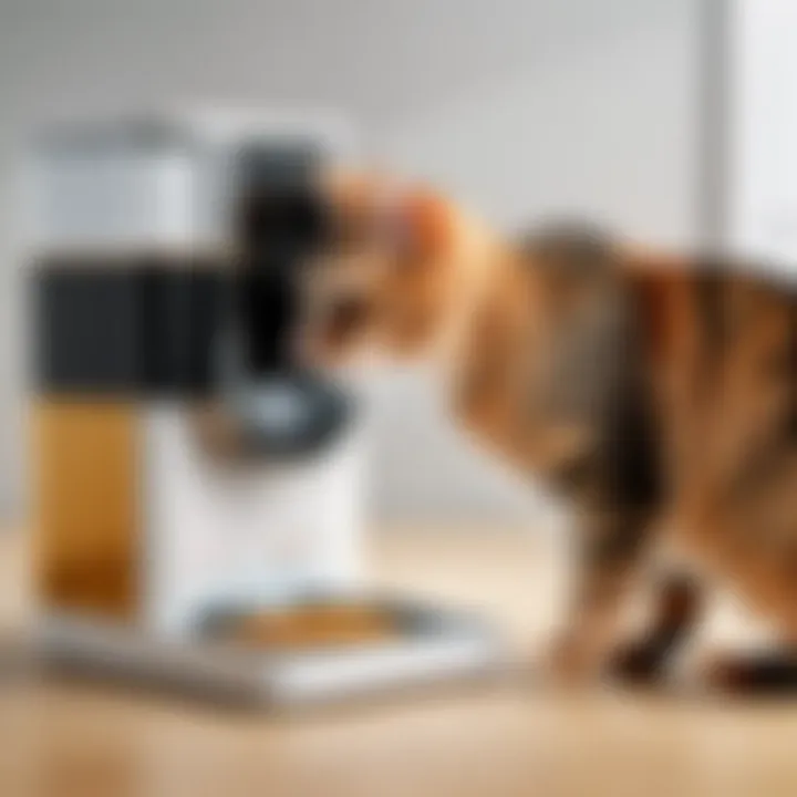 Healthy cat enjoying food from dispenser