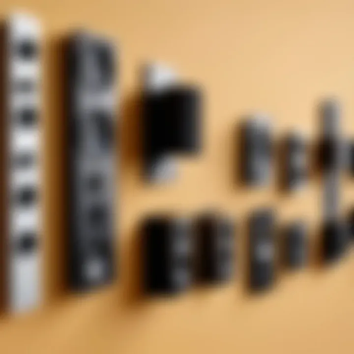Different types of small speaker wall brackets arranged for comparison.