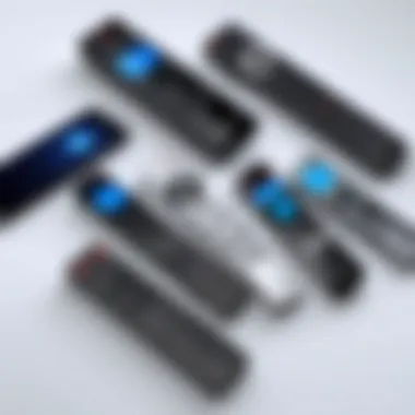 Diverse Models of Blu-ray Player Remotes Illustration of various Blu-ray player remote models highlighting unique features