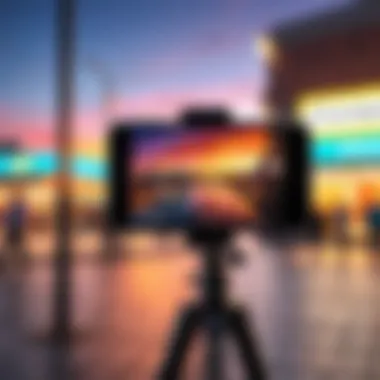 iPhone Photography in Urban Settings iPhone mounted on a tripod capturing a vibrant urban scene at sunset