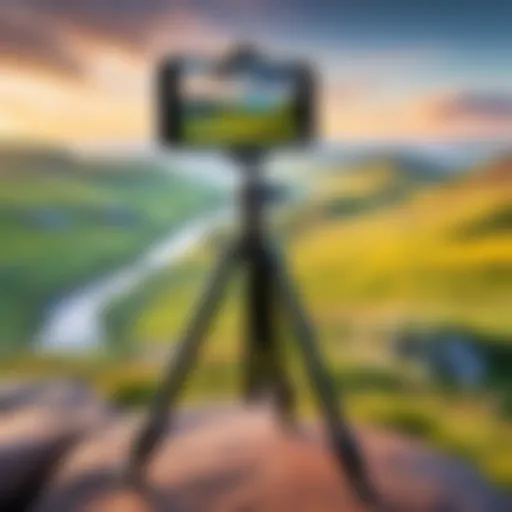 A versatile tripod set up with an iPhone capturing a scenic landscape