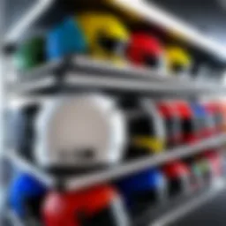 A well-organized trailer helmet rack displaying various helmets securely mounted.