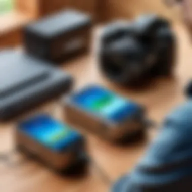 A photographer using a universal camera charger in the field