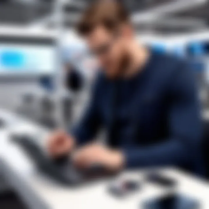 User examining portable chargers at a tech store