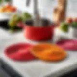 Colorful round silicone pot holders displayed in a modern kitchen setting