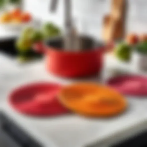 Colorful round silicone pot holders displayed in a modern kitchen setting