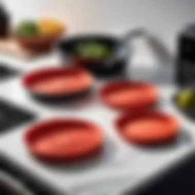 Elegant Arrangement of Round Silicone Pot Holders Stylish round silicone pot holders arranged elegantly on a countertop