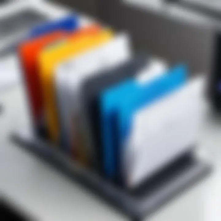 A variety of heavy-duty plastic folders organized on an office desk